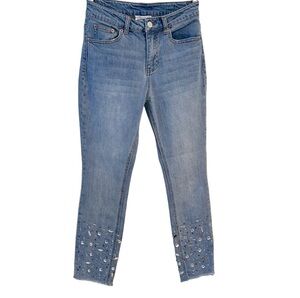 For The Republic Blue Cropped Denim Jeans Rhinestone Raw Hem Size 2/25
